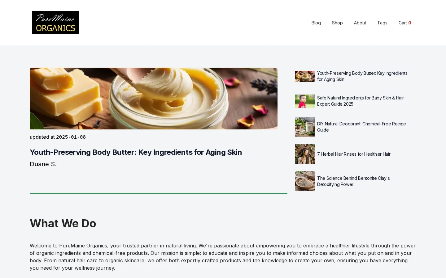 Screenshot of the PureMaine Organics — Content & Commerce website