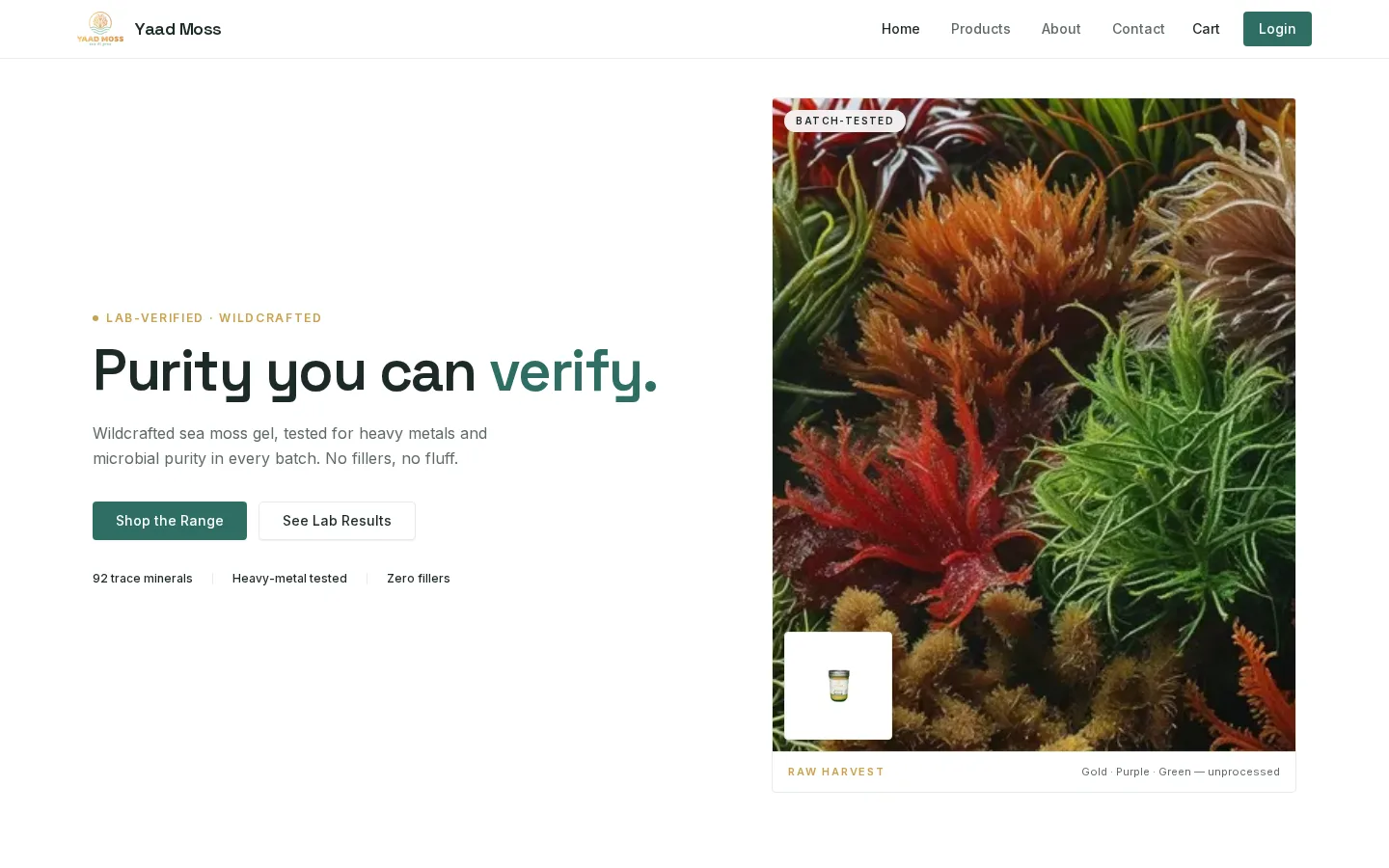 Screenshot of the Yaad Moss — Lab-Verified Sea Moss website